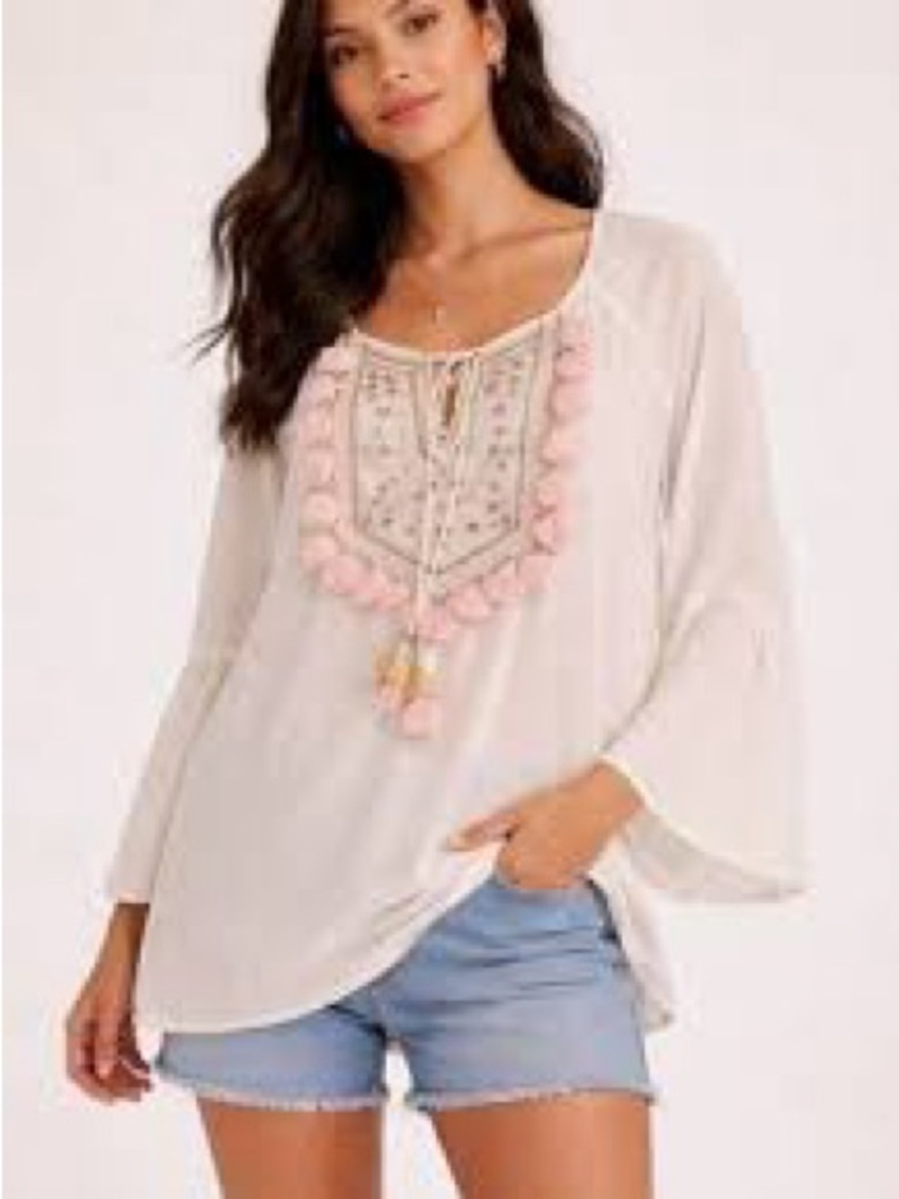 Women’s White Embroidered Tassel Peasant Top - Pink Accent